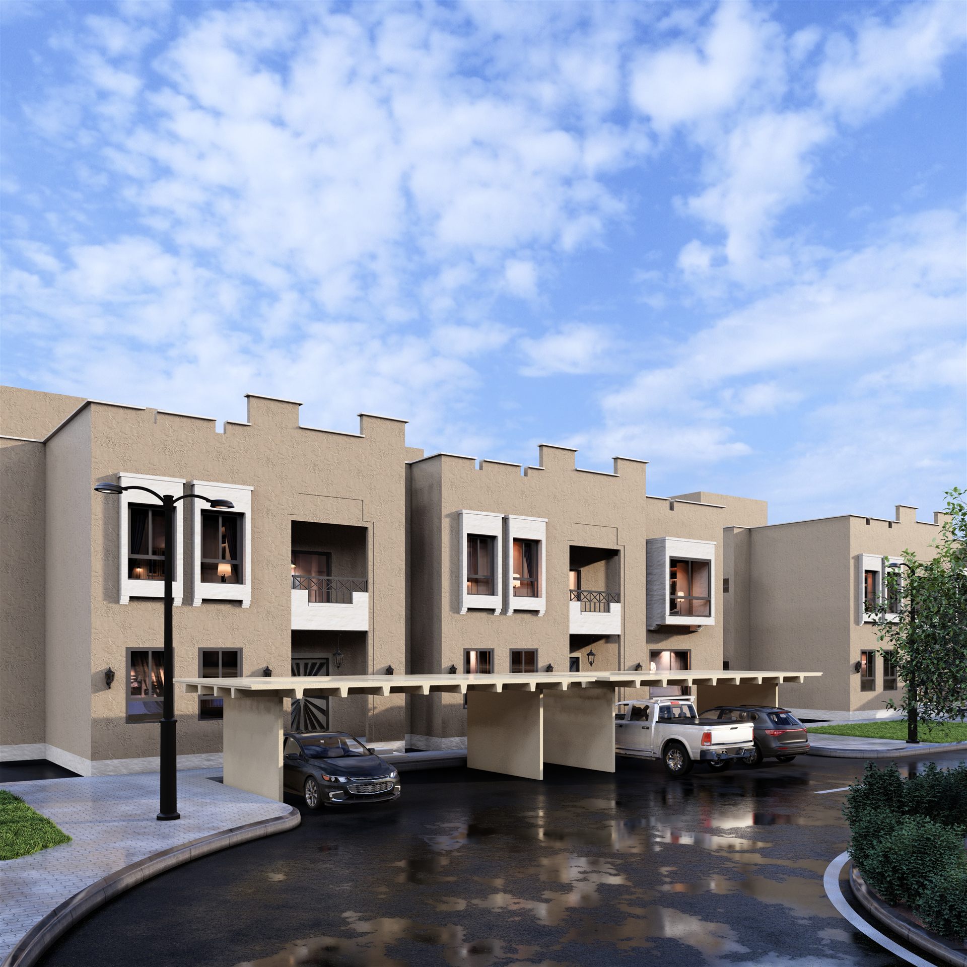 Housing block and covered parking under a cloudy sky