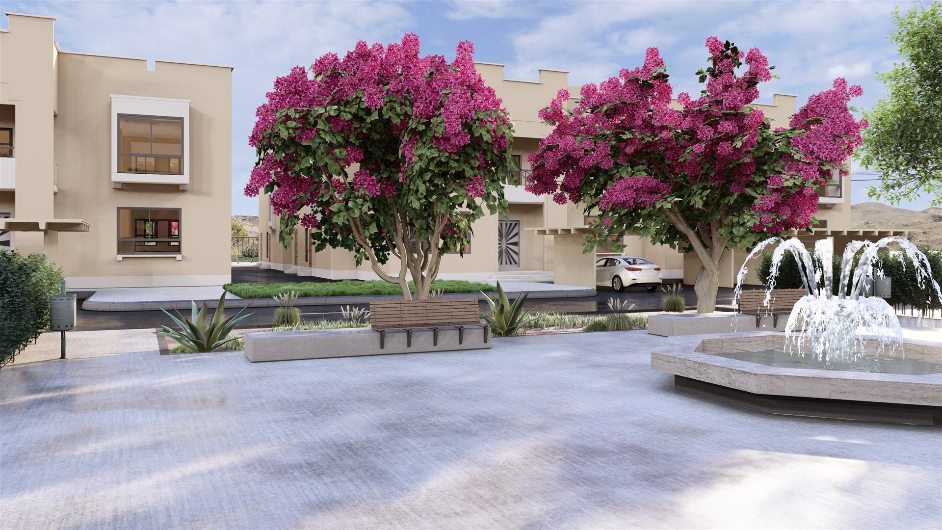 Courtyard fountain framed by residential blocks