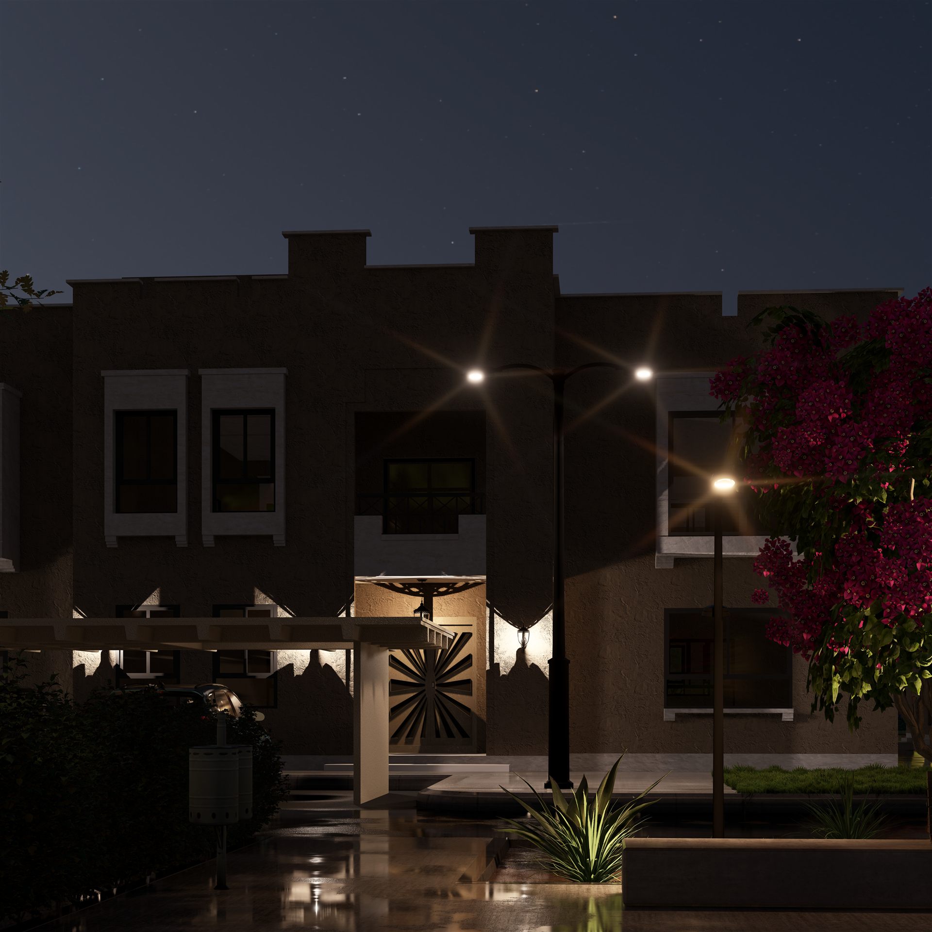 Warmly lit entry framed by carved timber and bougainvillea