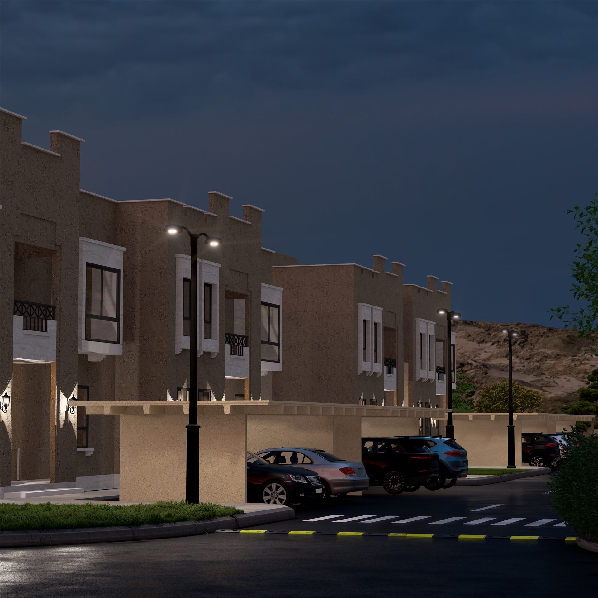 Row of housing blocks lit along the walkway