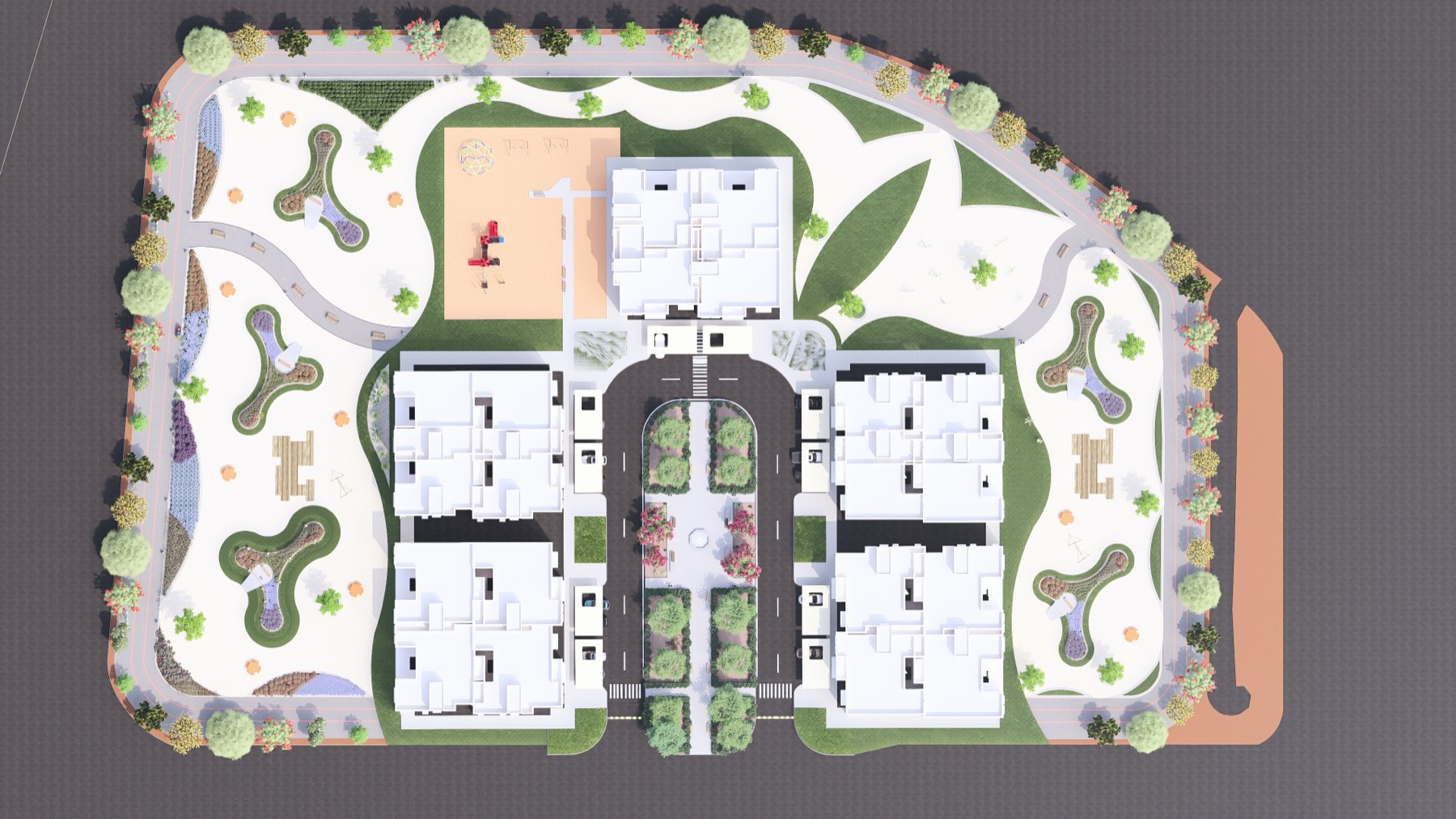 Rendered aerial view of the hospital landscape masterplan