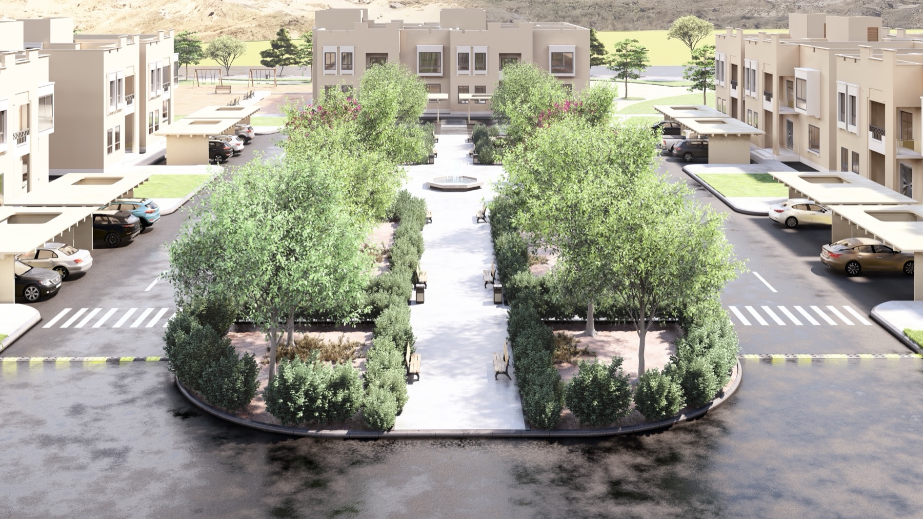 Government hospital landscape — tree-lined promenade