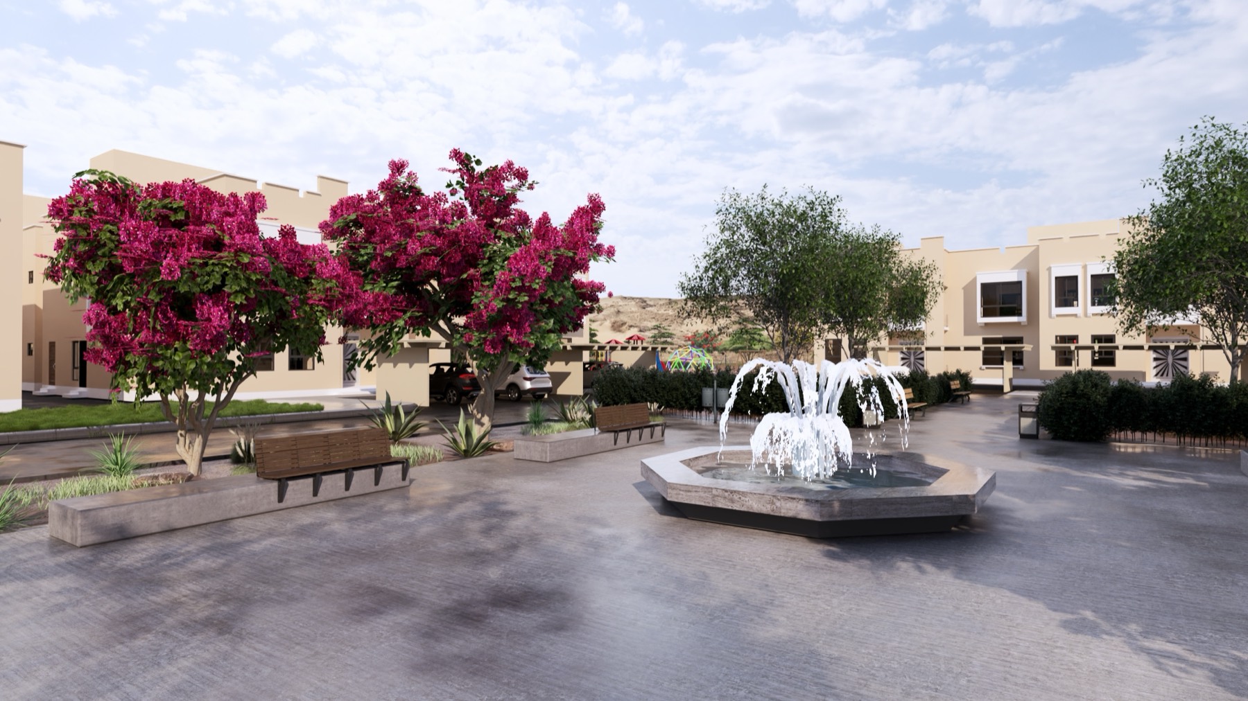 Courtyard garden with bougainvillea and fountain