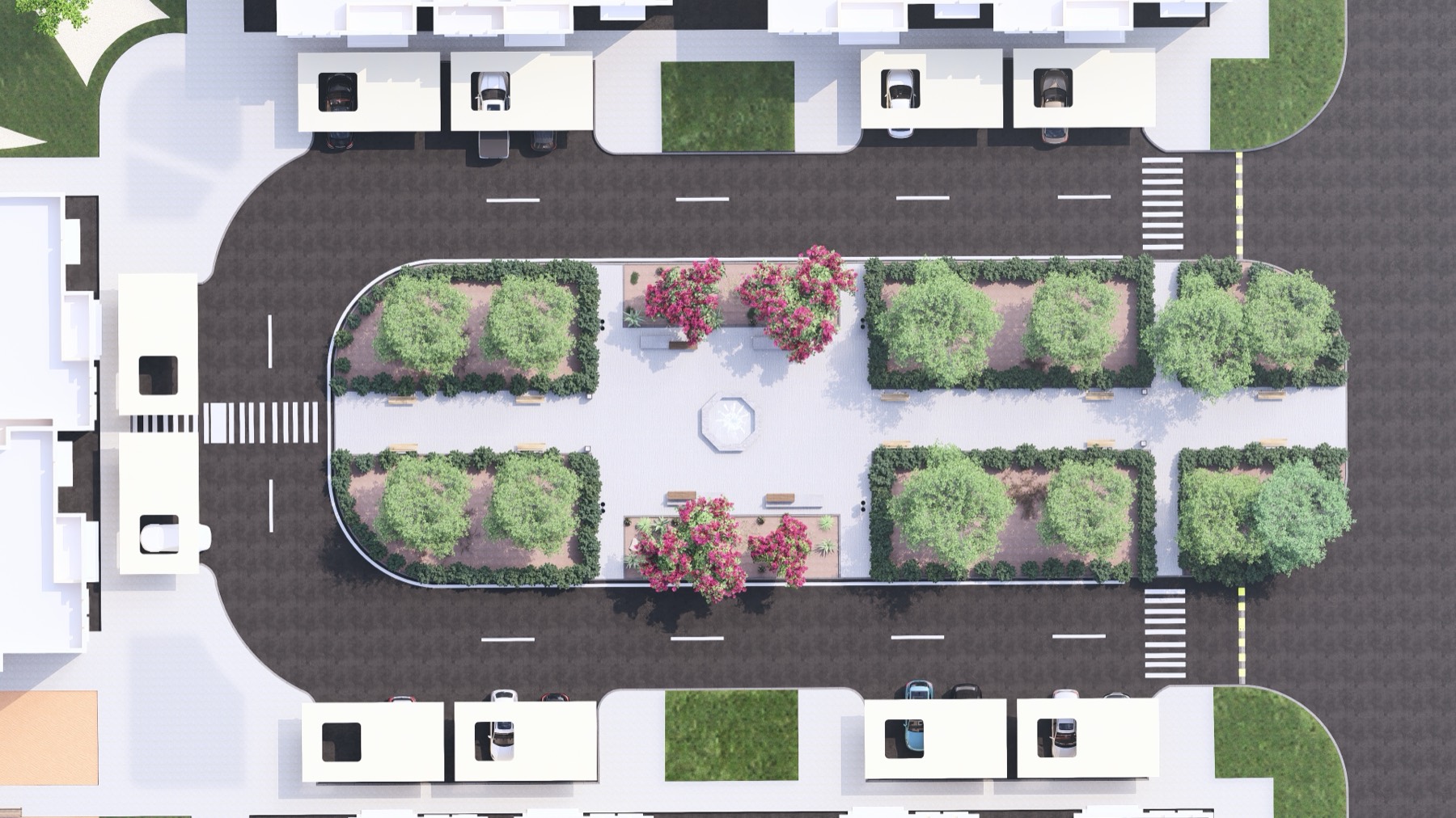 Top-down view of the tree-lined promenade