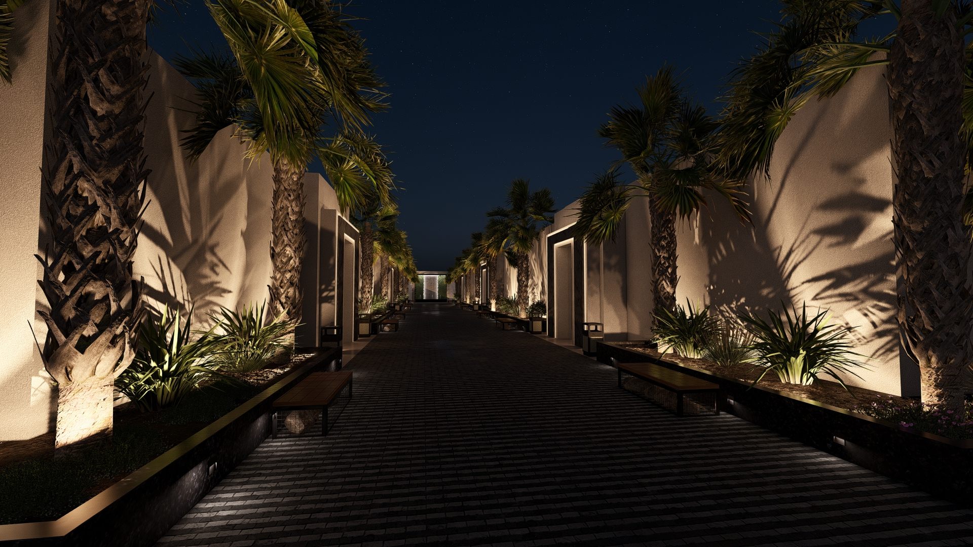 The arrival walkway lit for the evening