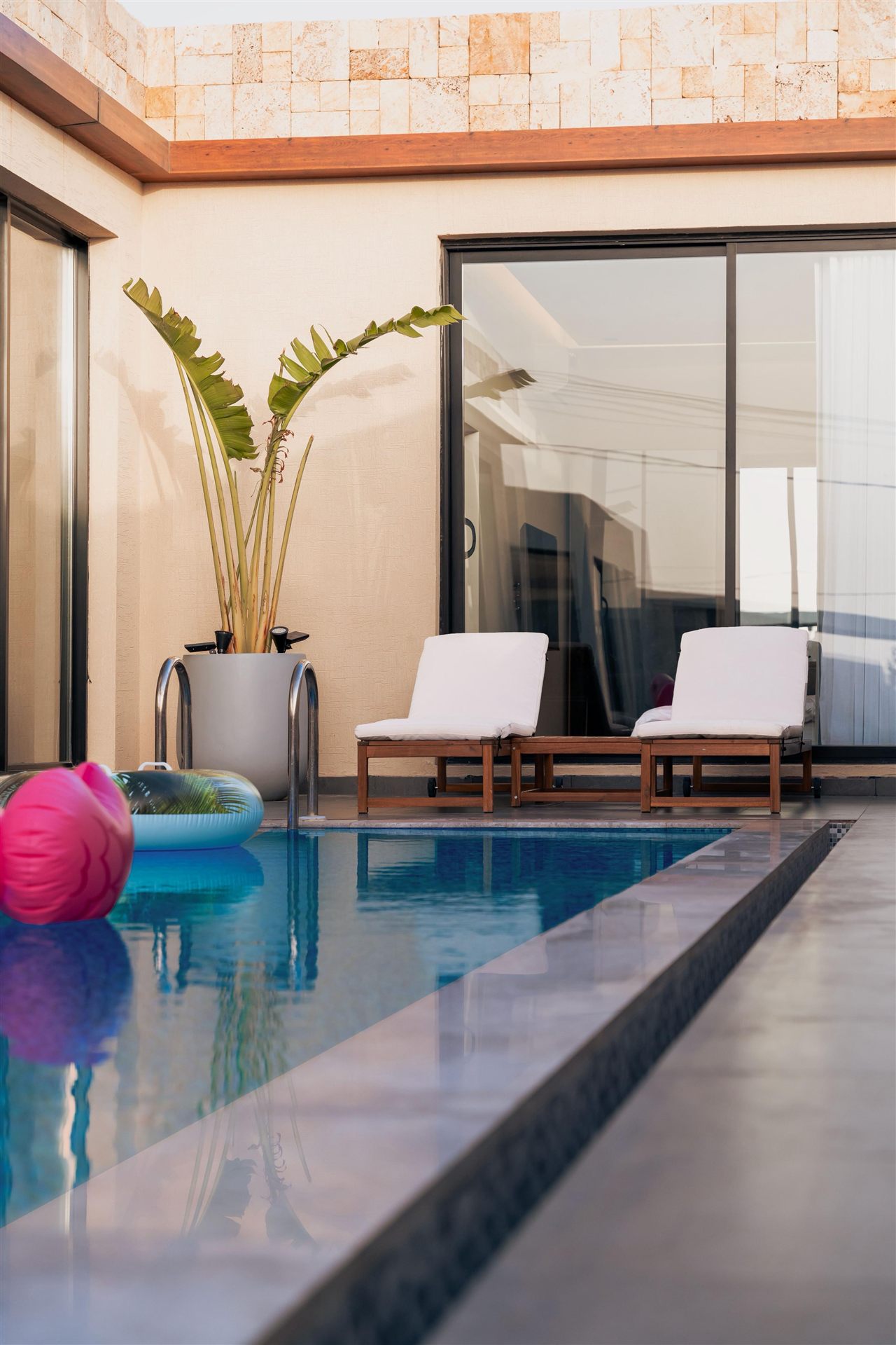 Pool corner at golden hour, built