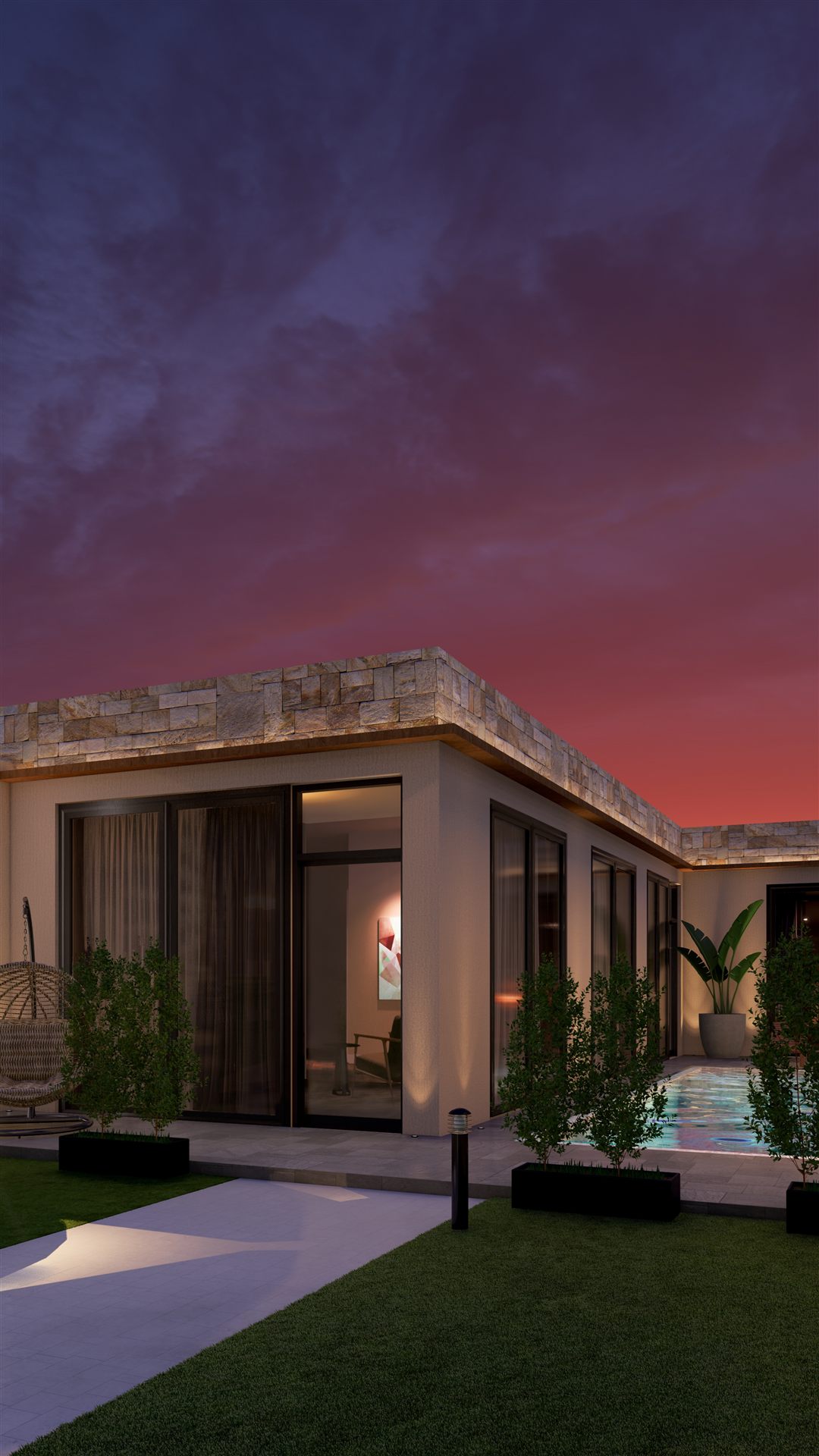 Courtyard at dusk, design render