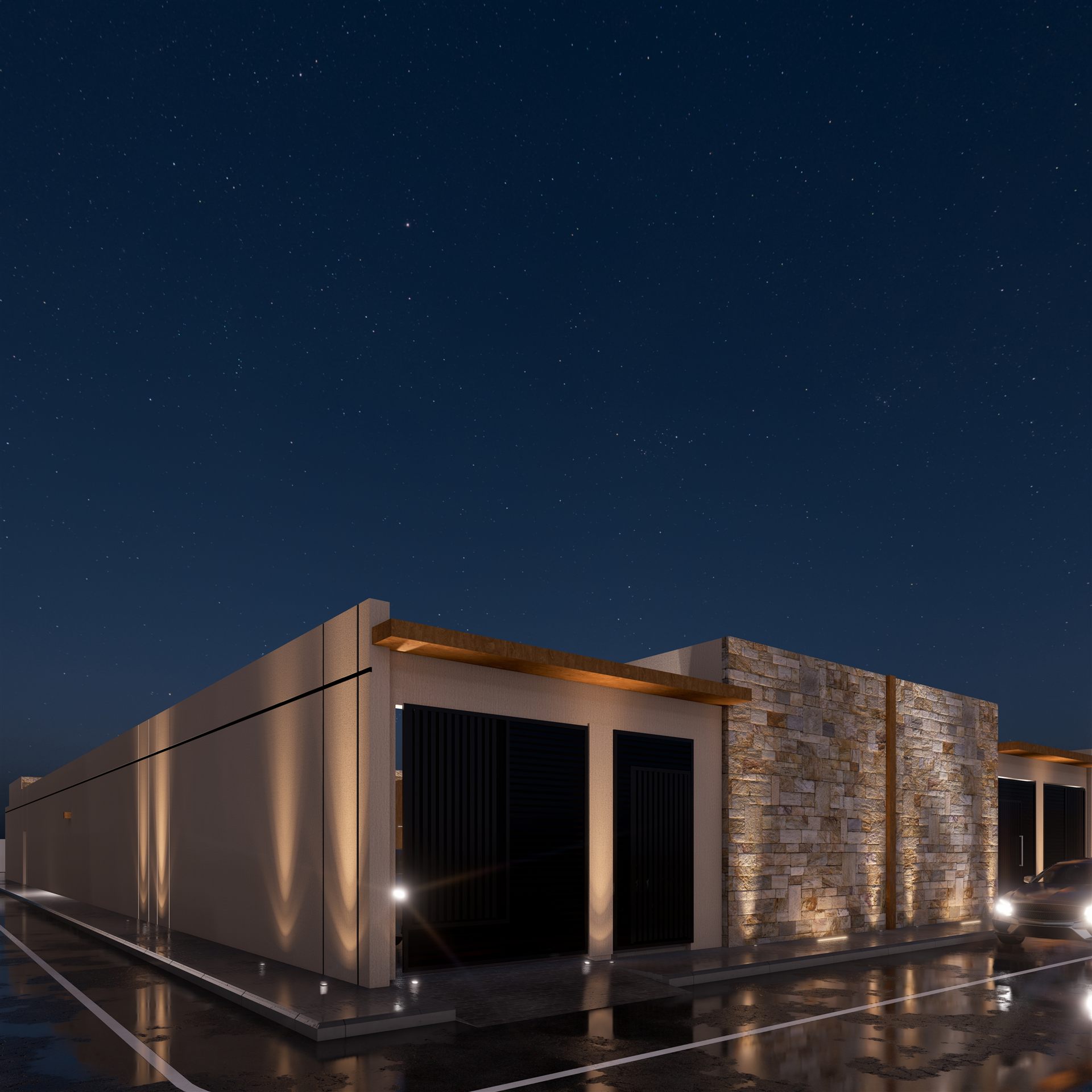 Street facade at night, design render