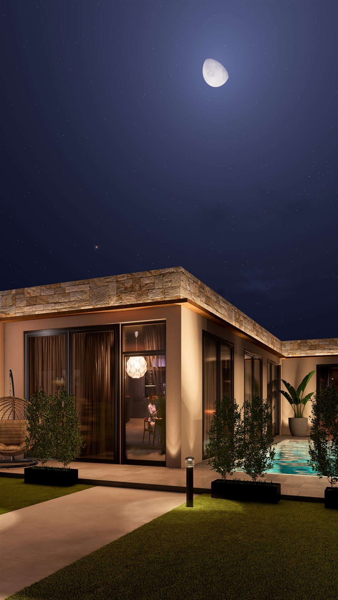 Courtyard under the moon, design render