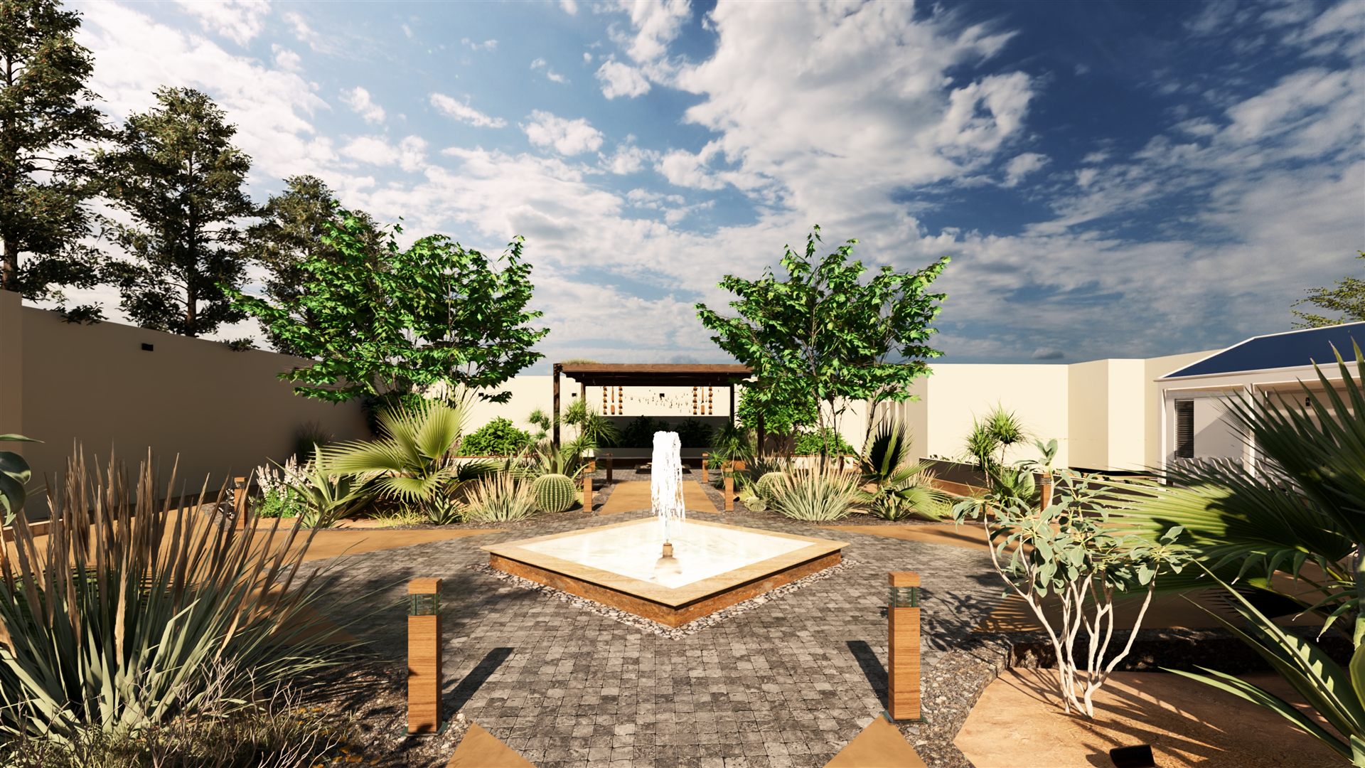 Fountain courtyard framed by desert planting
